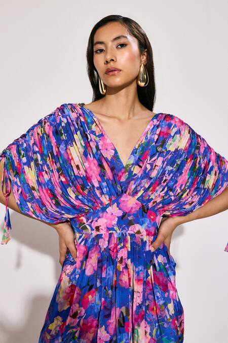 Buy Twinkle Hanspal Multi Color Crepe V-neck Bloom Calico Print Tiered Maxi Dress Online at Aza Fashions Buy_Twinkle Hanspal_Multi Color Crepe V-neck Bloom Calico Print Tiered Maxi Dress_Online_at_Aza_Fashions