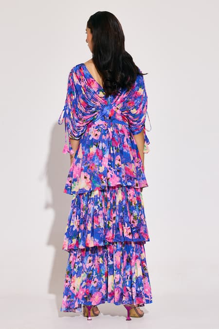 Shop Twinkle Hanspal Multi Color Crepe V-neck Bloom Calico Print Tiered Maxi Dress at Aza Fashions Shop_Twinkle Hanspal_Multi Color Crepe V-neck Bloom Calico Print Tiered Maxi Dress_at_Aza_Fashions