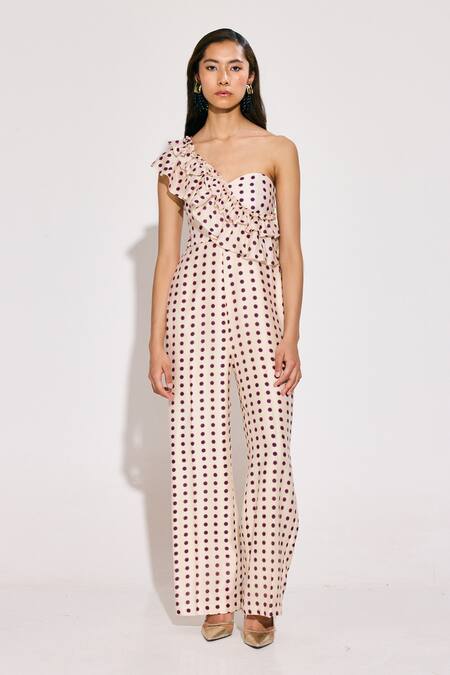 Twinkle Hanspal White Chanderi Ruffles One Shoulder Disco Print Frilly Jumpsuit Online at Aza Fashions Twinkle Hanspal_White Chanderi Ruffles One Shoulder Disco Print Frilly Jumpsuit_Online_at_Aza_Fashions