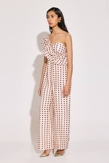 Buy Twinkle Hanspal White Chanderi Ruffles One Shoulder Disco Print Frilly Jumpsuit Online at Aza Fashions Buy_Twinkle Hanspal_White Chanderi Ruffles One Shoulder Disco Print Frilly Jumpsuit_Online_at_Aza_Fashions