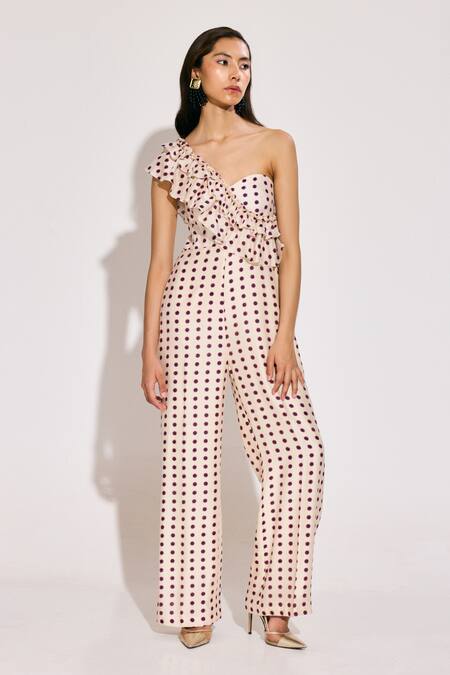 Shop Twinkle Hanspal White Chanderi Ruffles One Shoulder Disco Print Frilly Jumpsuit Online at Aza Fashions Shop_Twinkle Hanspal_White Chanderi Ruffles One Shoulder Disco Print Frilly Jumpsuit_Online_at_Aza_Fashions