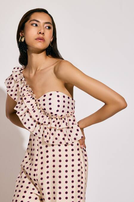 Twinkle Hanspal White Chanderi Ruffles One Shoulder Disco Print Frilly Jumpsuit at Aza Fashions Twinkle Hanspal_White Chanderi Ruffles One Shoulder Disco Print Frilly Jumpsuit_at_Aza_Fashions