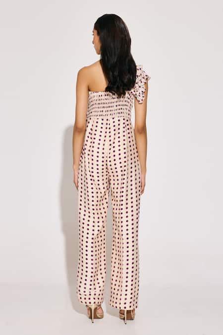 Shop Twinkle Hanspal White Chanderi Ruffles One Shoulder Disco Print Frilly Jumpsuit at Aza Fashions Shop_Twinkle Hanspal_White Chanderi Ruffles One Shoulder Disco Print Frilly Jumpsuit_at_Aza_Fashions