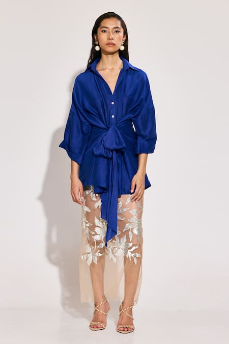 TWINKLE HANSPAL Blue Tie-Up Shirt & Sequin Embellished Skirt 