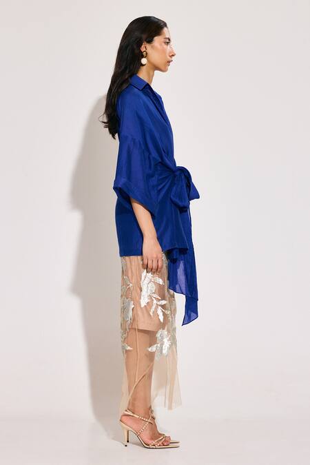 Twinkle Hanspal_Blue Chanderi, Tulle Sequins Collared Tie-up Shirt And Embellished Skirt_Online_at_Aza_Fashions
