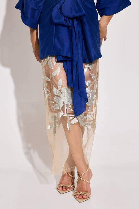 Buy_Twinkle Hanspal_Blue Chanderi, Tulle Sequins Collared Tie-up Shirt And Embellished Skirt_Online_at_Aza_Fashions