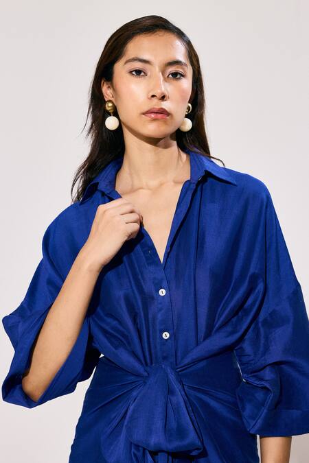 Shop_Twinkle Hanspal_Blue Chanderi, Tulle Sequins Collared Tie-up Shirt And Embellished Skirt_Online_at_Aza_Fashions