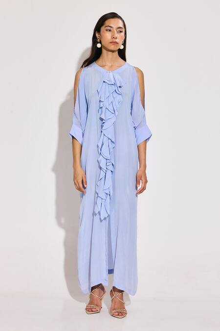 Twinkle Hanspal Blue Crepe Ruffles V-neck Ice Detail Maxi Dress Online at Aza Fashions Twinkle Hanspal_Blue Crepe Ruffles V-neck Ice Detail Maxi Dress_Online_at_Aza_Fashions
