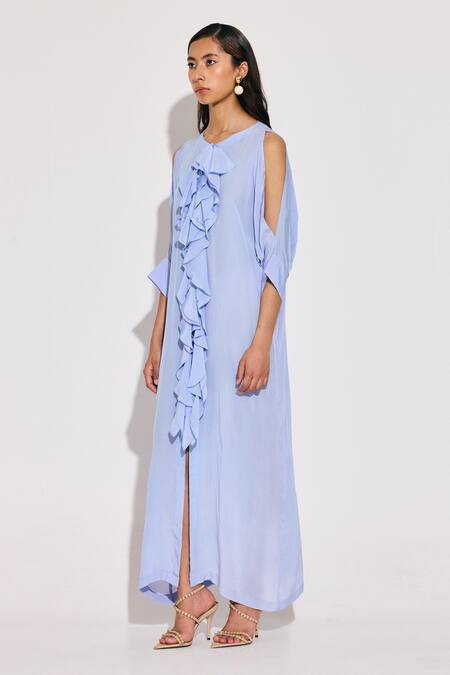 Buy Twinkle Hanspal Blue Crepe Ruffles V-neck Ice Detail Maxi Dress Online at Aza Fashions Buy_Twinkle Hanspal_Blue Crepe Ruffles V-neck Ice Detail Maxi Dress_Online_at_Aza_Fashions