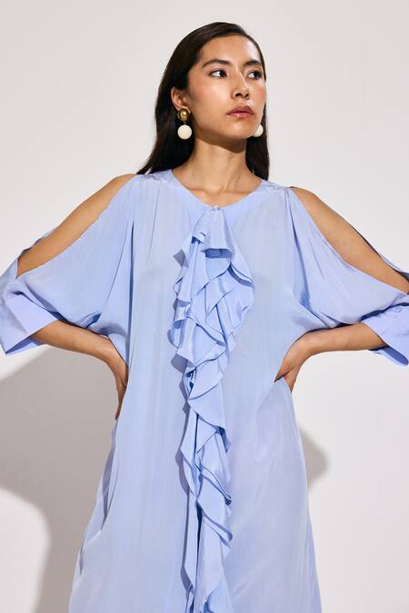 Shop Twinkle Hanspal Blue Crepe Ruffles V-neck Ice Detail Maxi Dress Online at Aza Fashions Shop_Twinkle Hanspal_Blue Crepe Ruffles V-neck Ice Detail Maxi Dress_Online_at_Aza_Fashions
