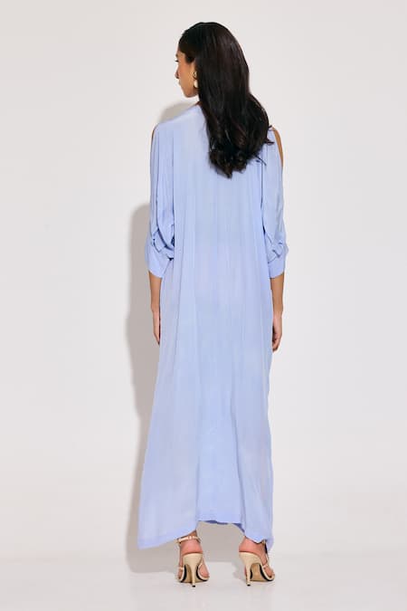 Shop Twinkle Hanspal Blue Crepe Ruffles V-neck Ice Detail Maxi Dress at Aza Fashions Shop_Twinkle Hanspal_Blue Crepe Ruffles V-neck Ice Detail Maxi Dress_at_Aza_Fashions