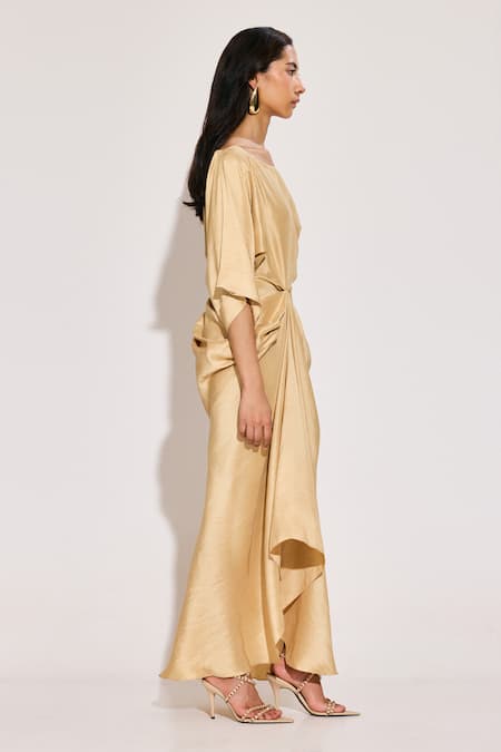 Twinkle Hanspal Beige Silk One Shoulder Draped Maxi Dress Online at Aza Fashions Twinkle Hanspal_Beige Silk One Shoulder Draped Maxi Dress_Online_at_Aza_Fashions