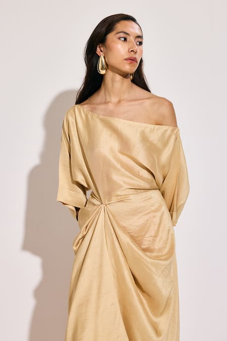 Buy Twinkle Hanspal Beige Silk One Shoulder Draped Maxi Dress Online at Aza Fashions Buy_Twinkle Hanspal_Beige Silk One Shoulder Draped Maxi Dress_Online_at_Aza_Fashions
