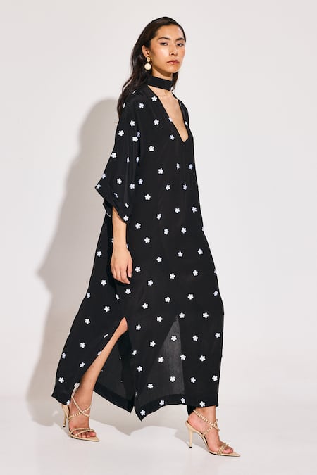 Shop Twinkle Hanspal Black Crepe Embroidery V-neck Ditsy Bloom Kaftan Dress at Aza Fashions Shop_Twinkle Hanspal_Black Crepe Embroidery V-neck Ditsy Bloom Kaftan Dress_at_Aza_Fashions