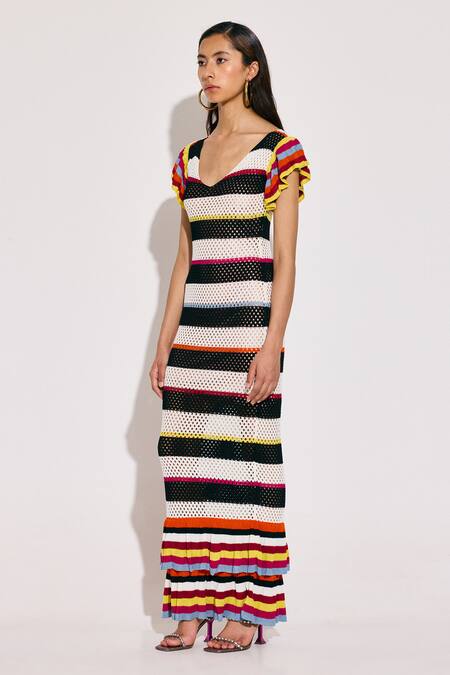 Twinkle Hanspal Multi Color Cotton V-neck Striped V Knitted Dress Online at Aza Fashions Twinkle Hanspal_Multi Color Cotton V-neck Striped V Knitted Dress_Online_at_Aza_Fashions