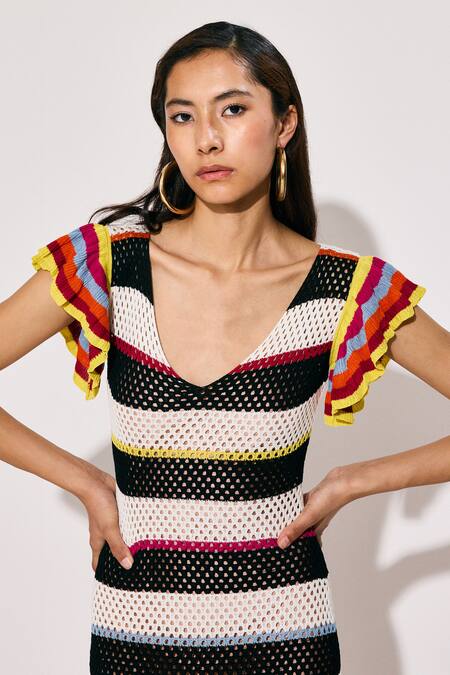 Buy Twinkle Hanspal Multi Color Cotton V-neck Striped V Knitted Dress Online at Aza Fashions Buy_Twinkle Hanspal_Multi Color Cotton V-neck Striped V Knitted Dress_Online_at_Aza_Fashions