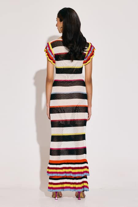 Shop Twinkle Hanspal Multi Color Cotton V-neck Striped V Knitted Dress at Aza Fashions Shop_Twinkle Hanspal_Multi Color Cotton V-neck Striped V Knitted Dress_at_Aza_Fashions