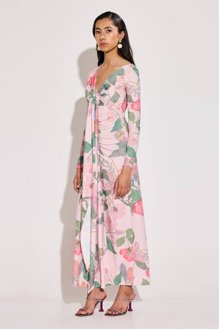 Twinkle Hanspal_Pink Jersey V-neck Floral Print Maxi Dress _Online_at_Aza_Fashions