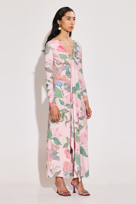 Buy_Twinkle Hanspal_Pink Jersey V-neck Floral Print Maxi Dress _Online_at_Aza_Fashions