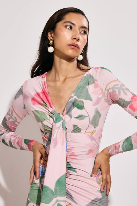 Shop_Twinkle Hanspal_Pink Jersey V-neck Floral Print Maxi Dress _Online_at_Aza_Fashions
