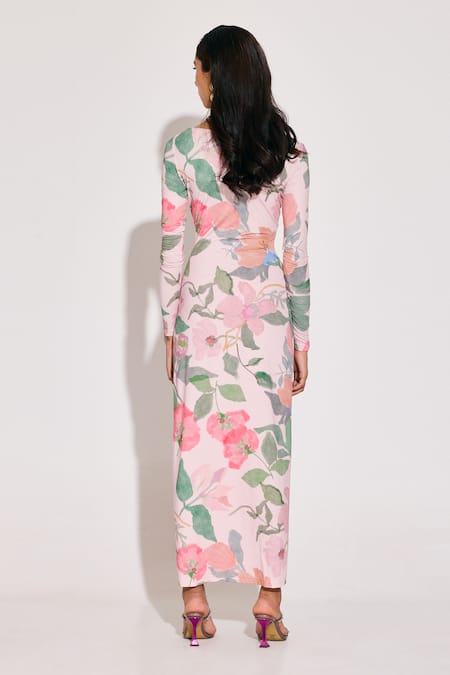Shop_Twinkle Hanspal_Pink Jersey V-neck Floral Print Maxi Dress _at_Aza_Fashions