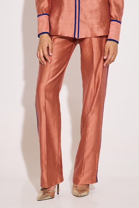 Twinkle Hanspal Peach Chanderi Collared Shirt And Pant Set Online at Aza Fashions Twinkle Hanspal_Peach Chanderi Collared Shirt And Pant Set_Online_at_Aza_Fashions