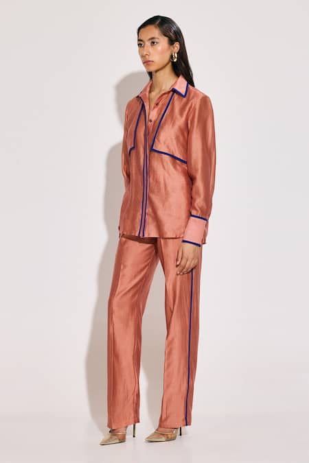 Buy Twinkle Hanspal Peach Chanderi Collared Shirt And Pant Set Online at Aza Fashions Buy_Twinkle Hanspal_Peach Chanderi Collared Shirt And Pant Set_Online_at_Aza_Fashions