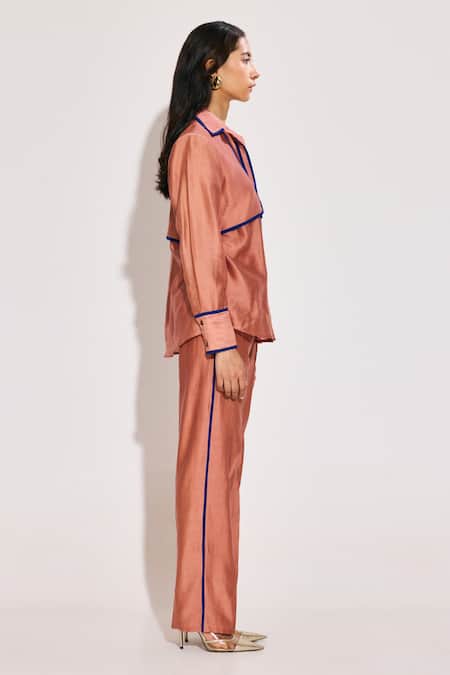Shop Twinkle Hanspal Peach Chanderi Collared Shirt And Pant Set Online at Aza Fashions Shop_Twinkle Hanspal_Peach Chanderi Collared Shirt And Pant Set_Online_at_Aza_Fashions