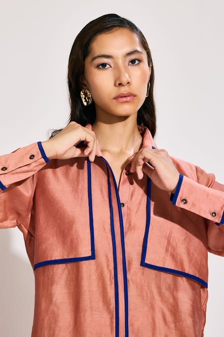 Twinkle Hanspal Peach Chanderi Collared Shirt And Pant Set at Aza Fashions Twinkle Hanspal_Peach Chanderi Collared Shirt And Pant Set_at_Aza_Fashions