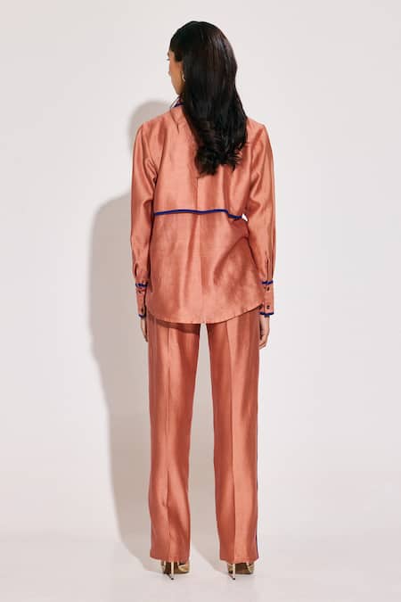 Shop Twinkle Hanspal Peach Chanderi Collared Shirt And Pant Set at Aza Fashions Shop_Twinkle Hanspal_Peach Chanderi Collared Shirt And Pant Set_at_Aza_Fashions