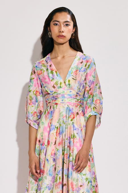 Twinkle Hanspal_Multi Color Chanderi V-neck Asymmetric Calico Floral Midi Dress _Online_at_Aza_Fashions