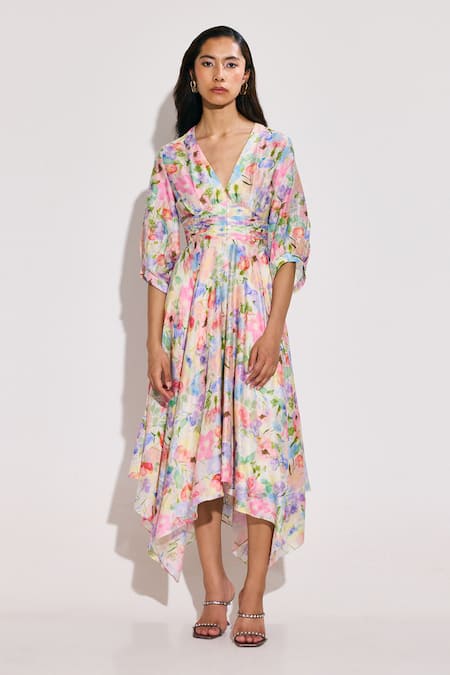 Buy_Twinkle Hanspal_Multi Color Chanderi V-neck Asymmetric Calico Floral Midi Dress _Online_at_Aza_Fashions