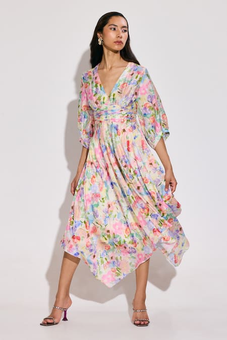 Shop_Twinkle Hanspal_Multi Color Chanderi V-neck Asymmetric Calico Floral Midi Dress _Online_at_Aza_Fashions