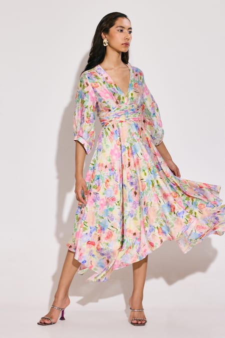 Twinkle Hanspal_Multi Color Chanderi V-neck Asymmetric Calico Floral Midi Dress _at_Aza_Fashions