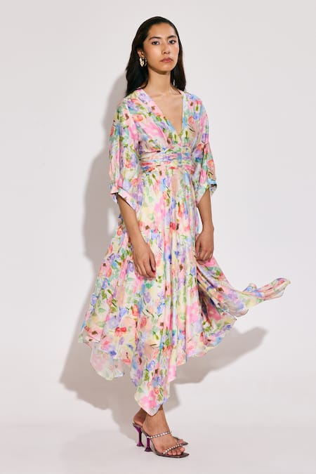 Buy_Twinkle Hanspal_Multi Color Chanderi V-neck Asymmetric Calico Floral Midi Dress 