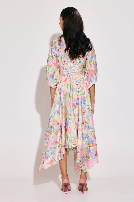 Shop_Twinkle Hanspal_Multi Color Chanderi V-neck Asymmetric Calico Floral Midi Dress _at_Aza_Fashions