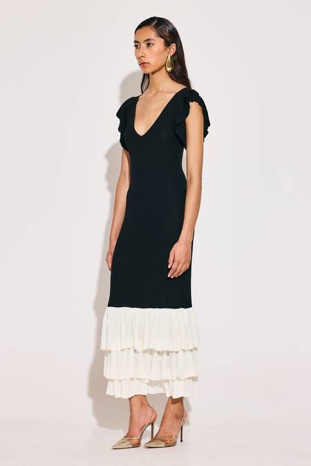 Twinkle Hanspal_Black Cotton V-neck Flutter Sleeve Frilled Hem Dress _Online_at_Aza_Fashions