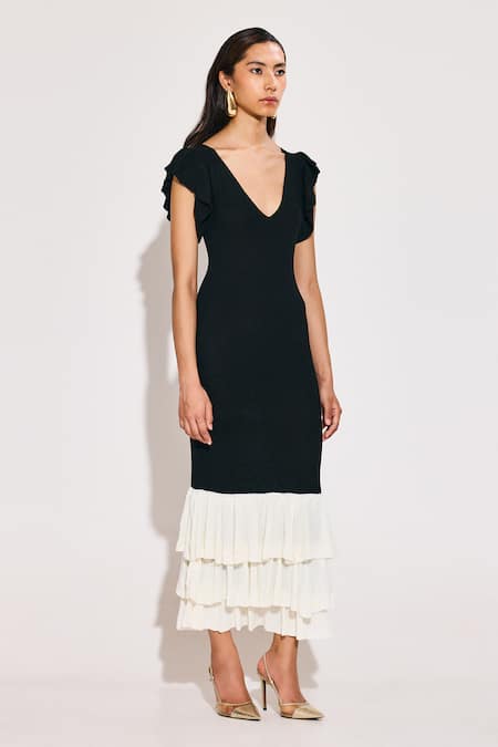 Buy_Twinkle Hanspal_Black Cotton V-neck Flutter Sleeve Frilled Hem Dress _Online_at_Aza_Fashions