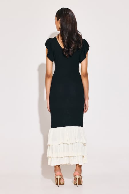 Shop_Twinkle Hanspal_Black Cotton V-neck Flutter Sleeve Frilled Hem Dress _at_Aza_Fashions