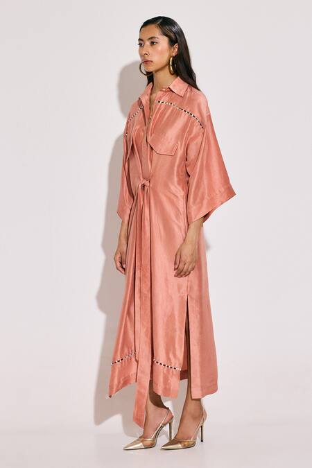 Twinkle Hanspal Peach Silk Crystals Collared Boxy Dress With Belt Online at Aza Fashions Twinkle Hanspal_Peach Silk Crystals Collared Boxy Dress With Belt_Online_at_Aza_Fashions