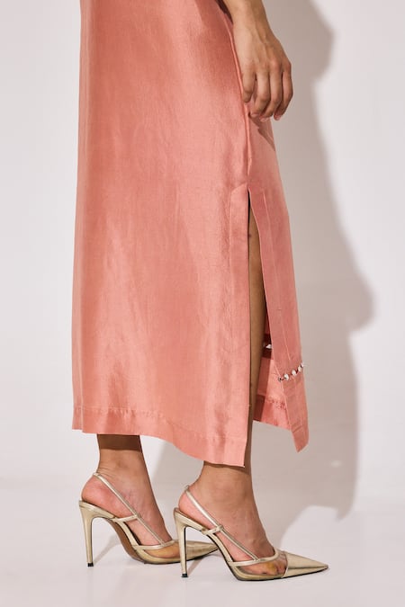 Buy Twinkle Hanspal Peach Silk Crystals Collared Boxy Dress With Belt Online at Aza Fashions Buy_Twinkle Hanspal_Peach Silk Crystals Collared Boxy Dress With Belt_Online_at_Aza_Fashions