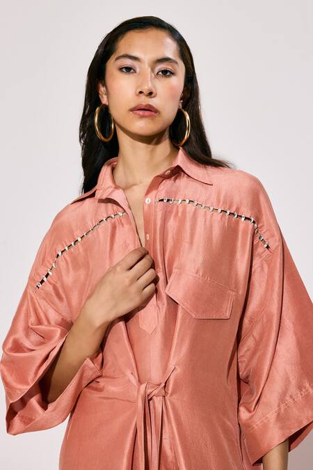Shop Twinkle Hanspal Peach Silk Crystals Collared Boxy Dress With Belt Online at Aza Fashions Shop_Twinkle Hanspal_Peach Silk Crystals Collared Boxy Dress With Belt_Online_at_Aza_Fashions