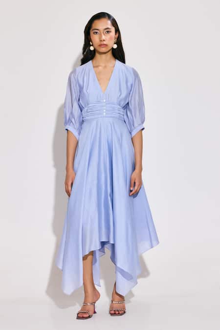 Twinkle Hanspal_Blue Chanderi V-neck Ice Asymmetric Dress _Online_at_Aza_Fashions