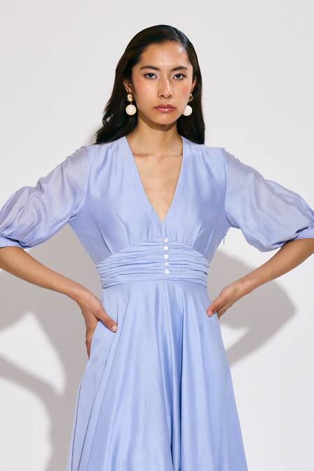 Buy_Twinkle Hanspal_Blue Chanderi V-neck Ice Asymmetric Dress _Online_at_Aza_Fashions
