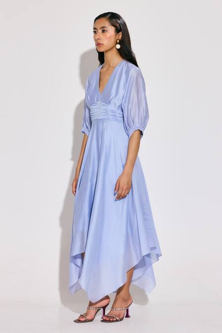 Shop_Twinkle Hanspal_Blue Chanderi V-neck Ice Asymmetric Dress _Online_at_Aza_Fashions