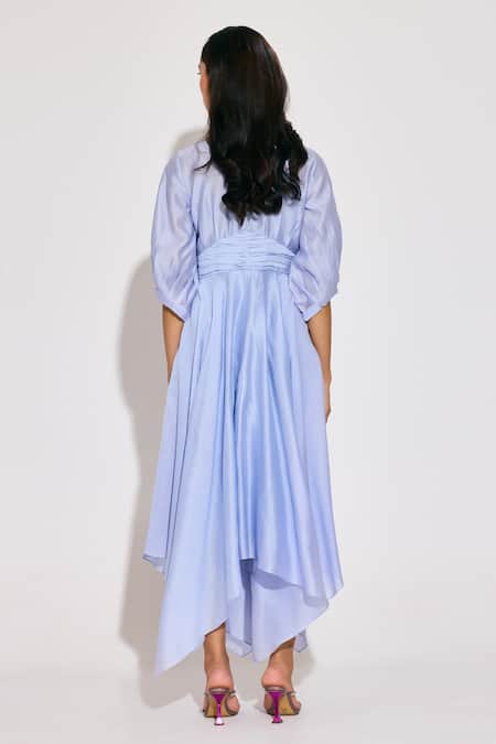 Shop_Twinkle Hanspal_Blue Chanderi V-neck Ice Asymmetric Dress _at_Aza_Fashions