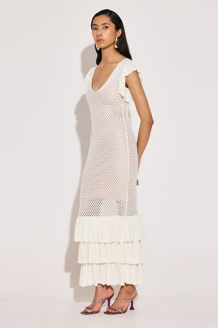Twinkle Hanspal_Beige Cotton, Viscose V-neck Ecru Frilled Hem Knitted Maxi Dress _Online_at_Aza_Fashions