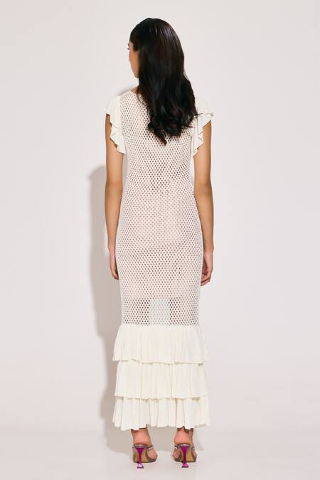 Shop_Twinkle Hanspal_Beige Cotton, Viscose V-neck Ecru Frilled Hem Knitted Maxi Dress _at_Aza_Fashions
