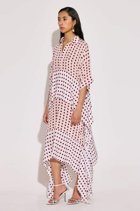 Twinkle Hanspal_White Crepe Collared Asymmetric Hem Disco Print Dress _Online_at_Aza_Fashions