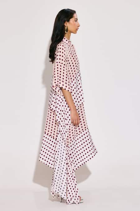 Twinkle Hanspal_White Crepe Collared Asymmetric Hem Disco Print Dress _at_Aza_Fashions